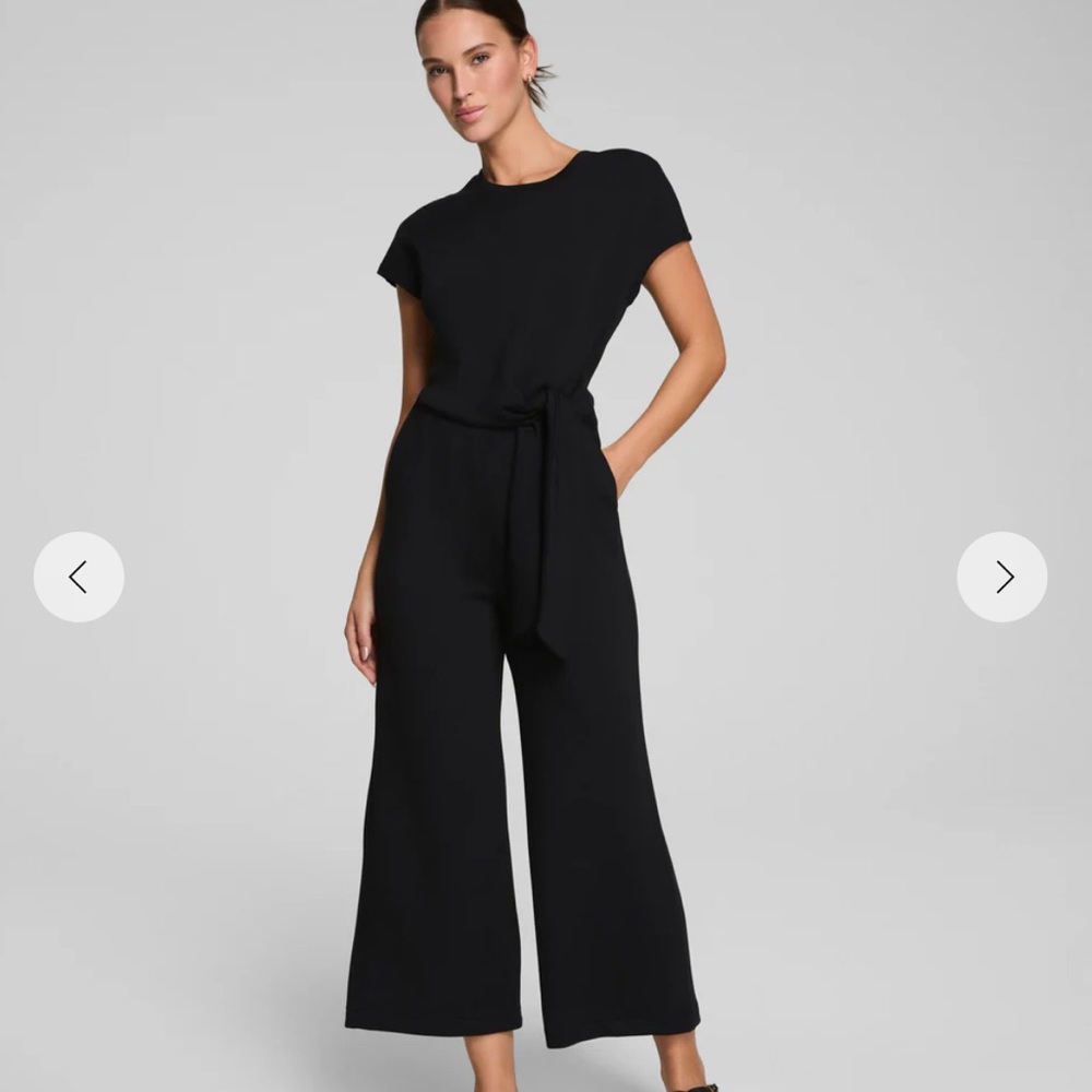 SPANX Black Short-Sleeve Wide-Leg Jumpsuit with Tie Waist